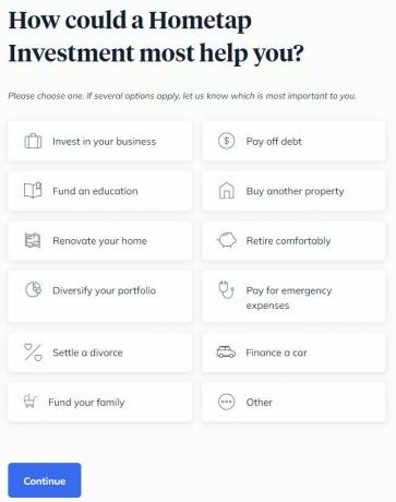 Domanda Hometap Fit Quiz che offre opzioni su come verrà utilizzato l'investimento