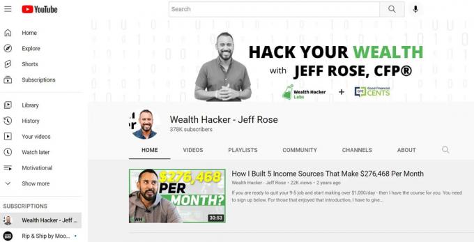 Екранна снимка на канал в YouTube - Wealth Hacker от Джеф Роуз. 