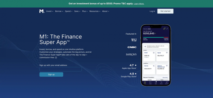 M1 Finance pagrindinio puslapio ekrano kopija