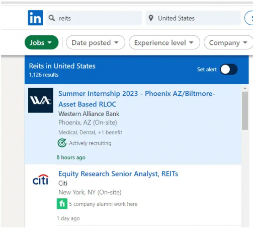 snimka zaslona linkedin stranice za traženje posla. 