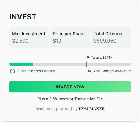 „reAlpha Invest“ informacijos langelis, kuriame rodoma minimali investicija, vienos akcijos kaina, bendra pasiūlymo kaina ir akcijomis finansuojama juosta