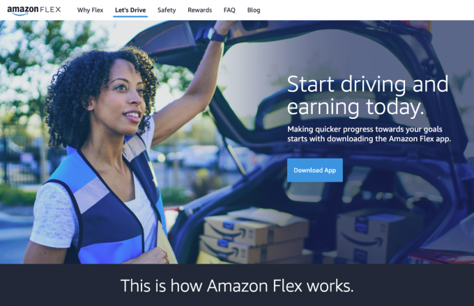Snímek obrazovky domovské stránky Amazon Flex