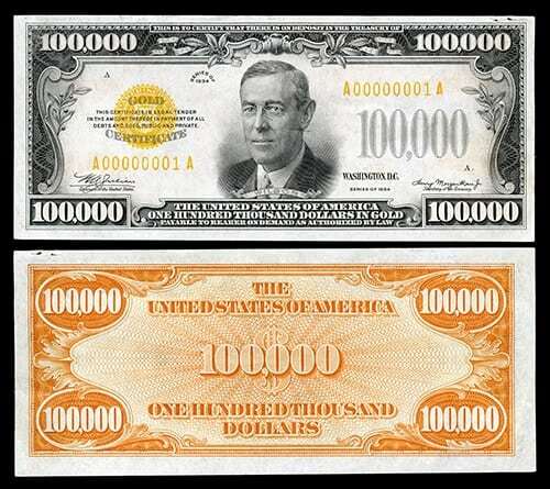 فاتورة بقيمة 100،000 دولار - شهادة وودرو ويلسون الذهبية A00020113A