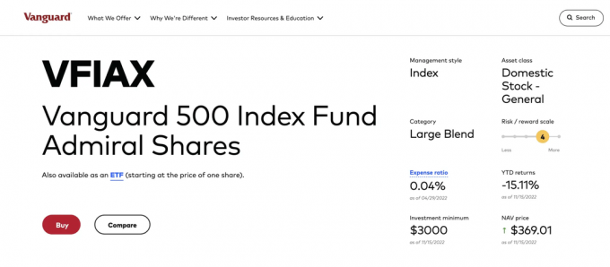 Ekrānuzņēmums ar Vanguard 500 Index Fund — VFIAX. Lielākais S&P indeksu fonds, ko investori var iegādāties