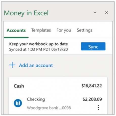 Pinigai programoje Excel Pridėti paskyros ekrano kopiją