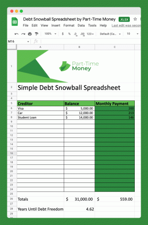 Dluh Snowball Spreadsheet o peníze na částečný úvazek