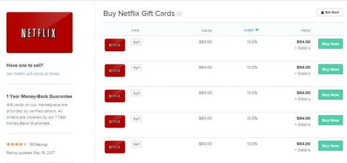 Snimka zaslona s popisom Netflix darovnih kartica