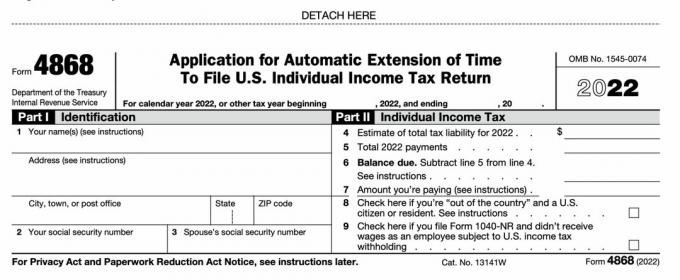 Kuvakaappaus IRS-lomakkeesta 4868